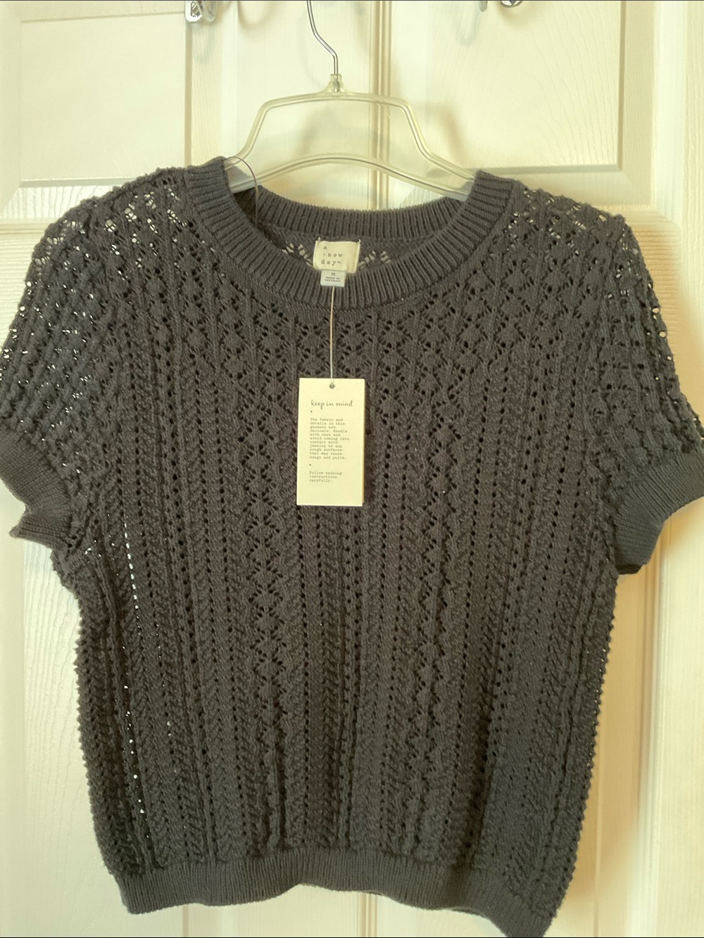 A New Day Women Crochet Eyelet Casual Neutral Short Sleeves Sweater Top Size M